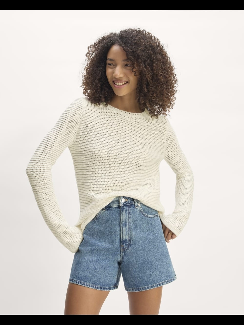 Everlane The Organic Cotton Cream Open-Knit Crewneck Sweater Sz Large